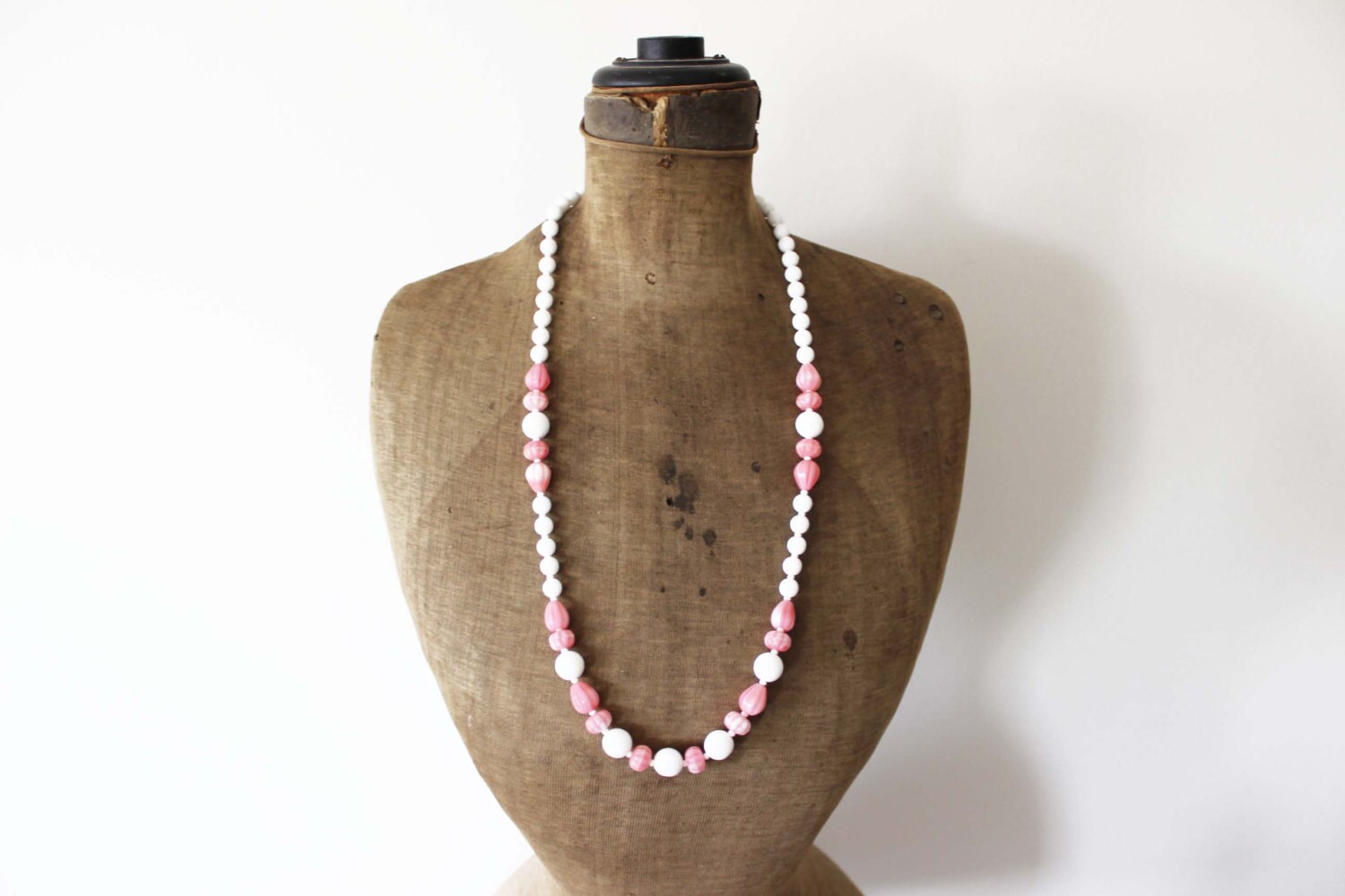 Vintage Long Milk Glass Necklace Pink and White Glass Bead