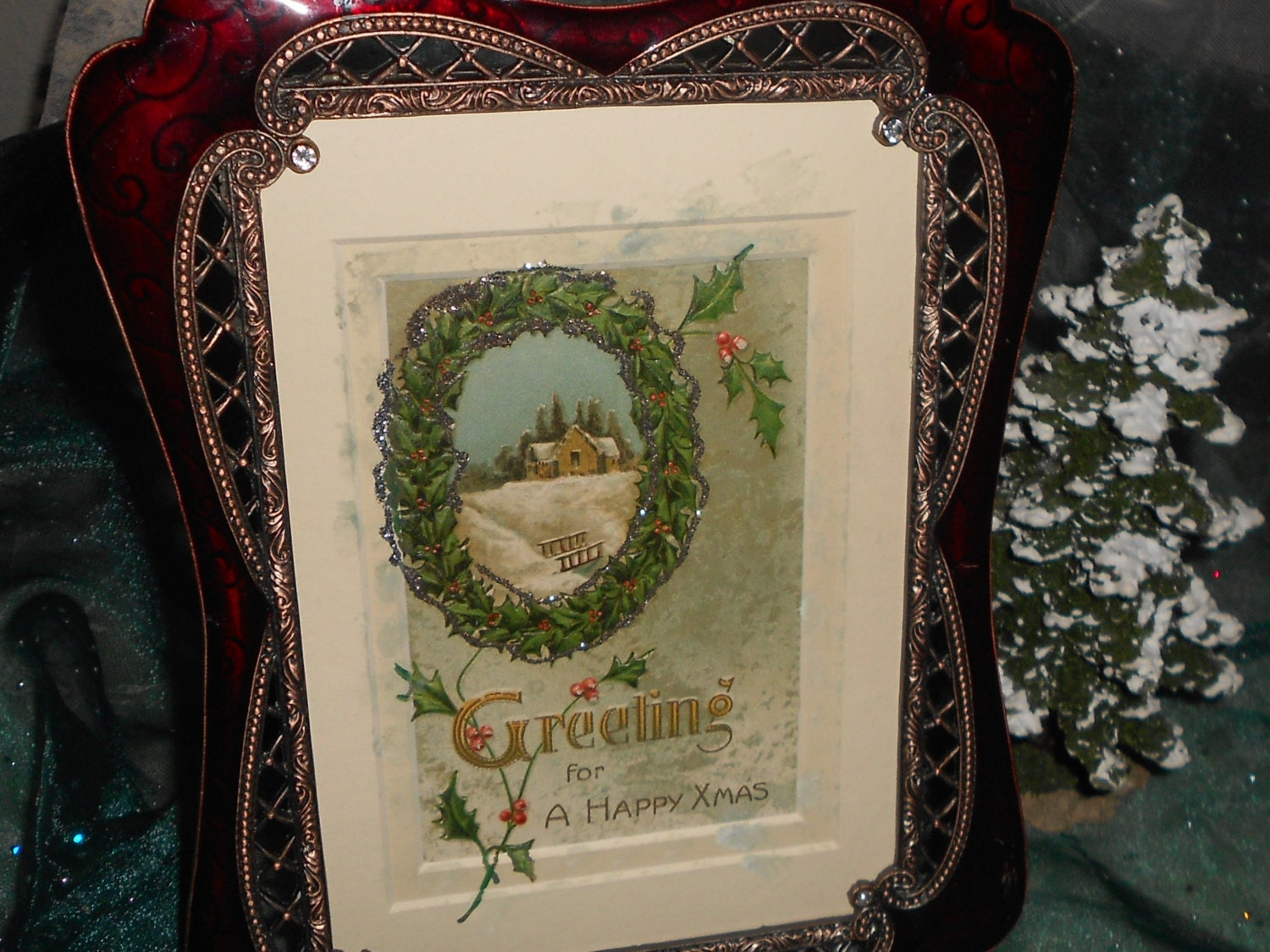 Christmas Decor, Collectible Art, Vintage Postcard, White, Green, Red, Gold, Wreath