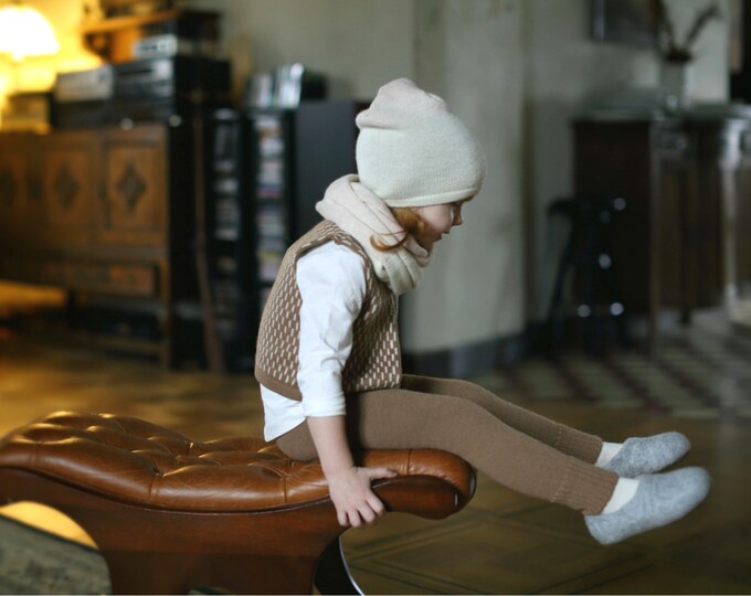 Dash pattern vest / Baby alpaca wool vest / camel / brown / white / jacquard pattern vest / children / girl / boy / toddler / baby top