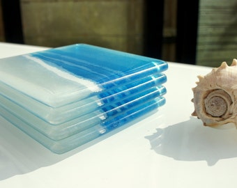 4 Blue Beach Glass Coasters-FREE UK DELIVERY- 1 Set of 4 Flat Beach Blue Sea Sky Coasters- 10cmx10cm / 4"