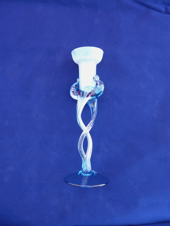 Vintage Glass Candle Holder French Blue and Opalescent