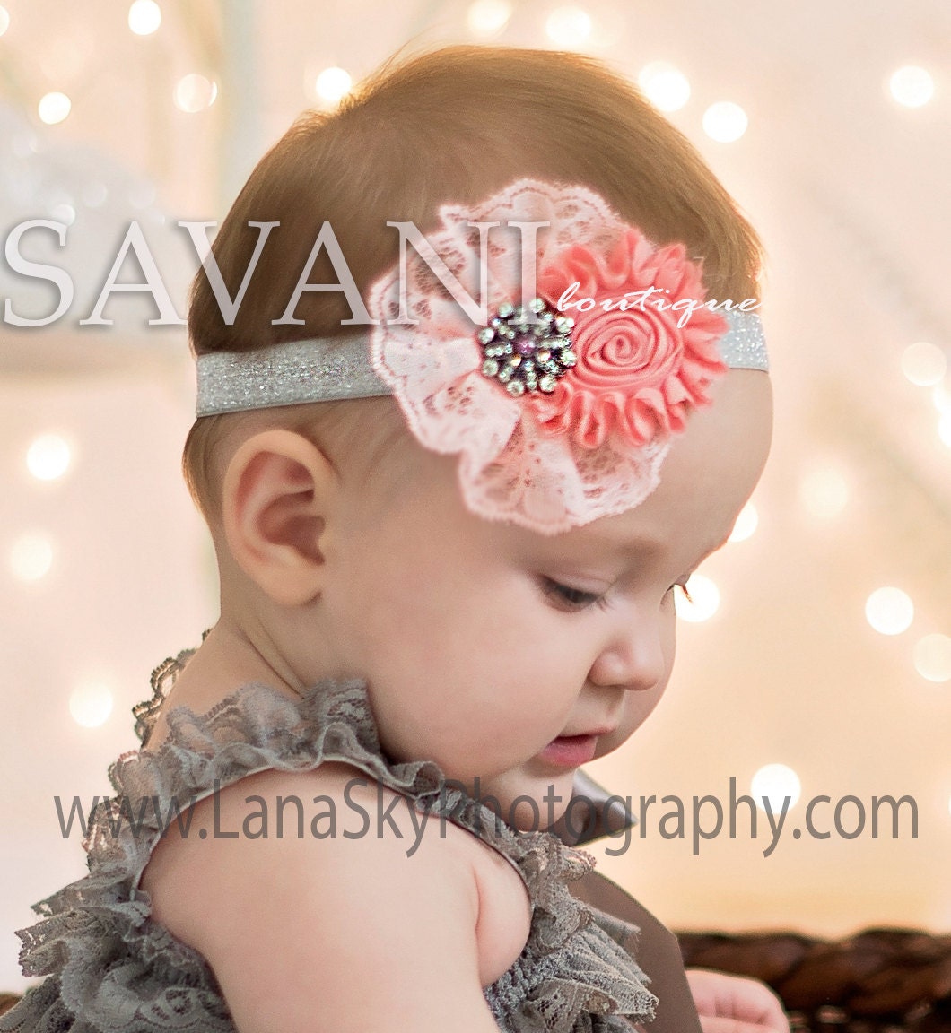 coral gray Baby headband baby headbands shabby chic