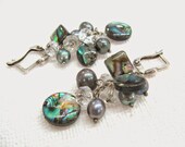 Abalone Paua Shell Earrings, Cluster earrings, gray  freshwater pearls, crysal and shell beads, rainbow, peacock multistone dangle  earrings
