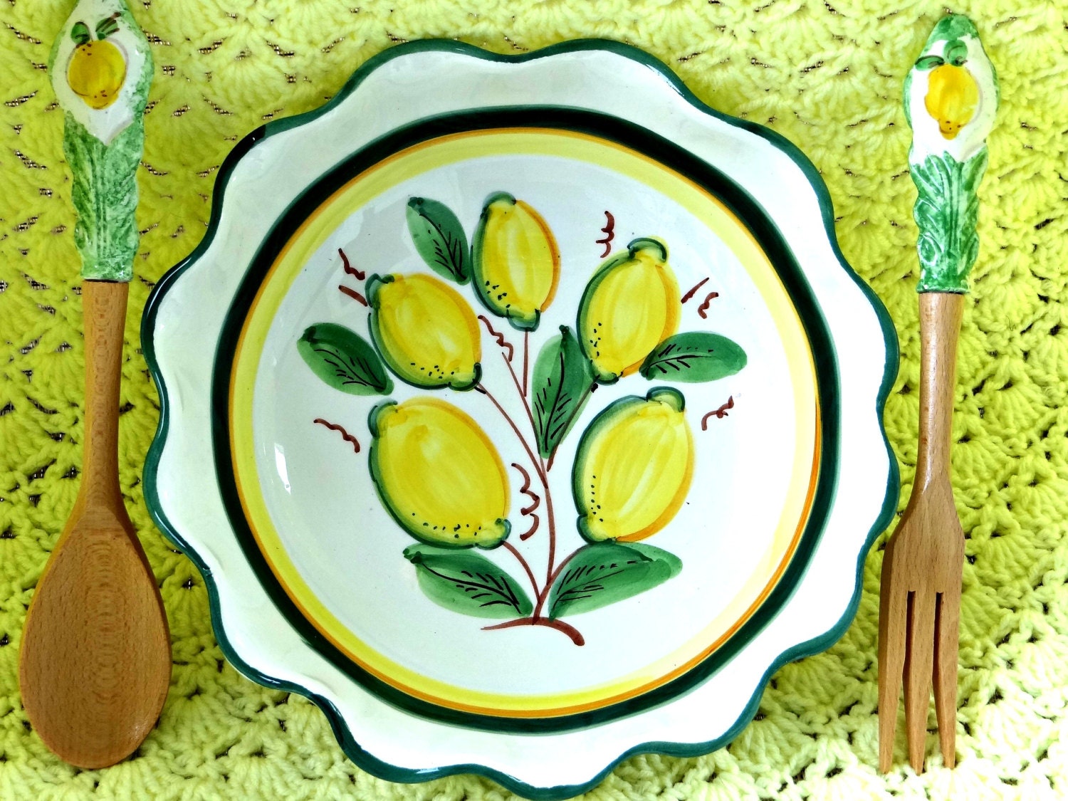 Vintage Serving Bowl With Lemons and Matching Spoon and Fork, Kitchenware, Serving Dining, Asian