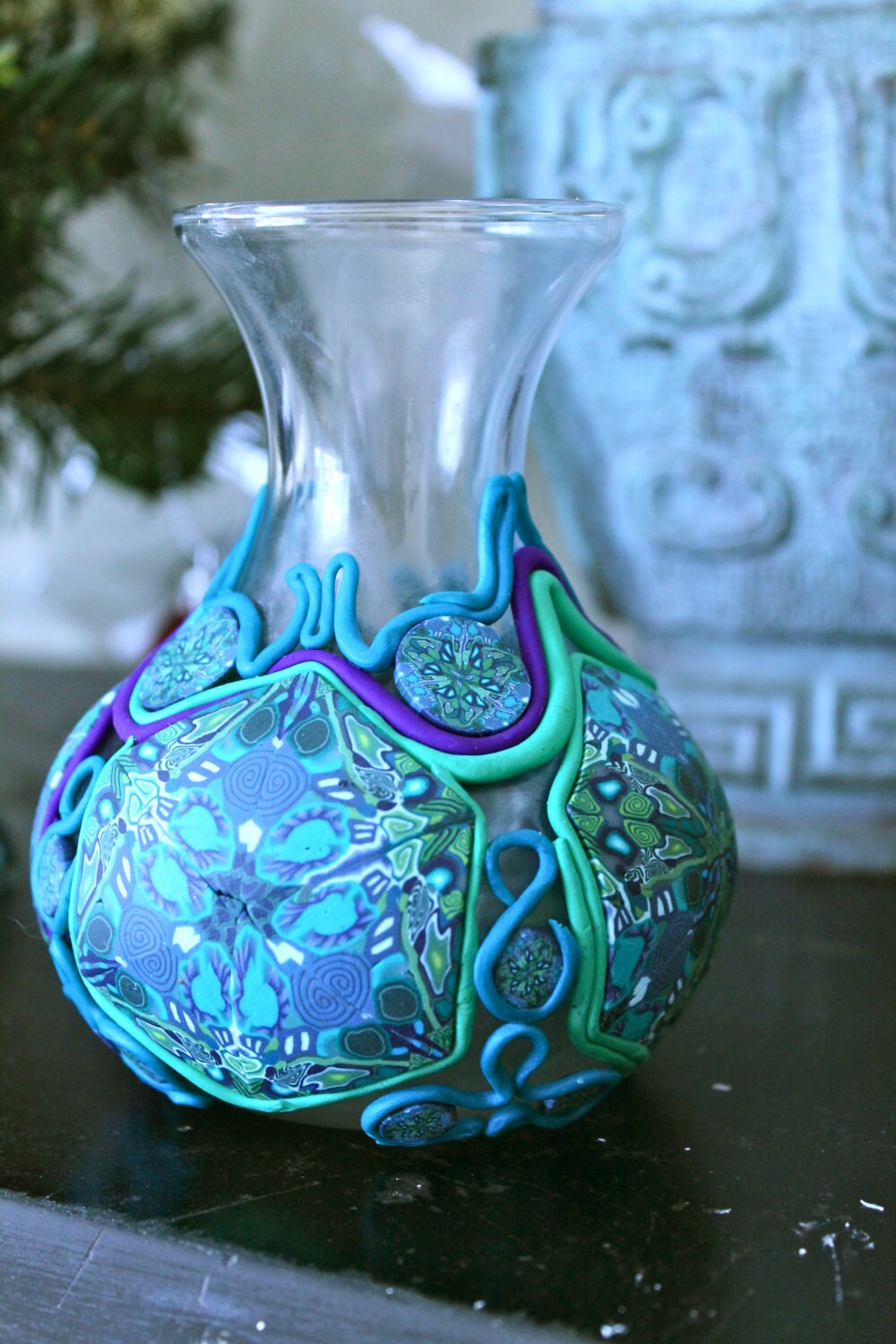Polymer Clay Covered Glass Vase Decorative Vessel