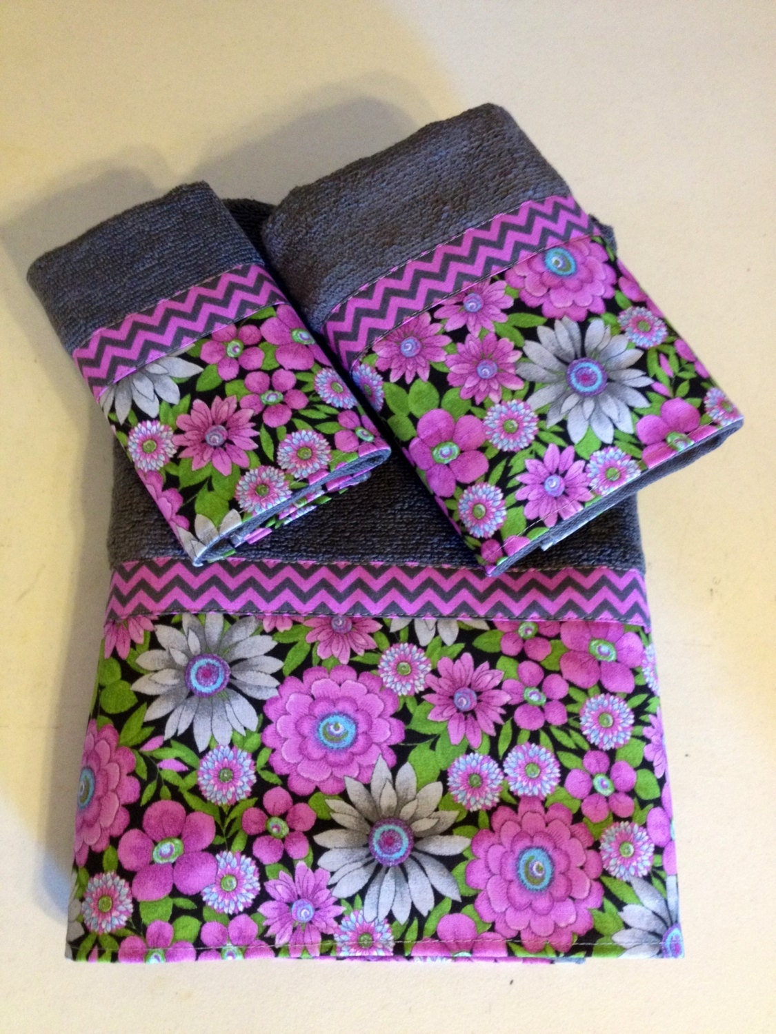 Purple and Gray Chevron and Floral Bath Towel Set Ready To
