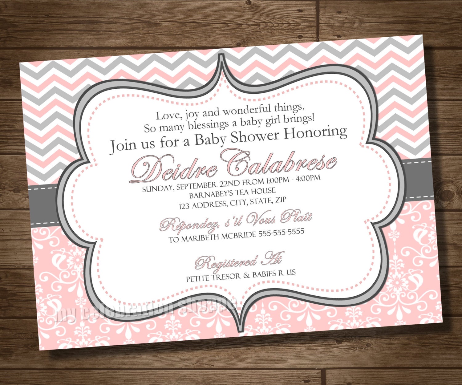 Pink and Gray Baby Shower Invitation PRINTABLE Digital File