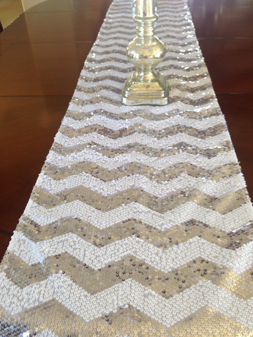 BRIDAL SPECIAL Sequin Chevron Table Runner Silver and