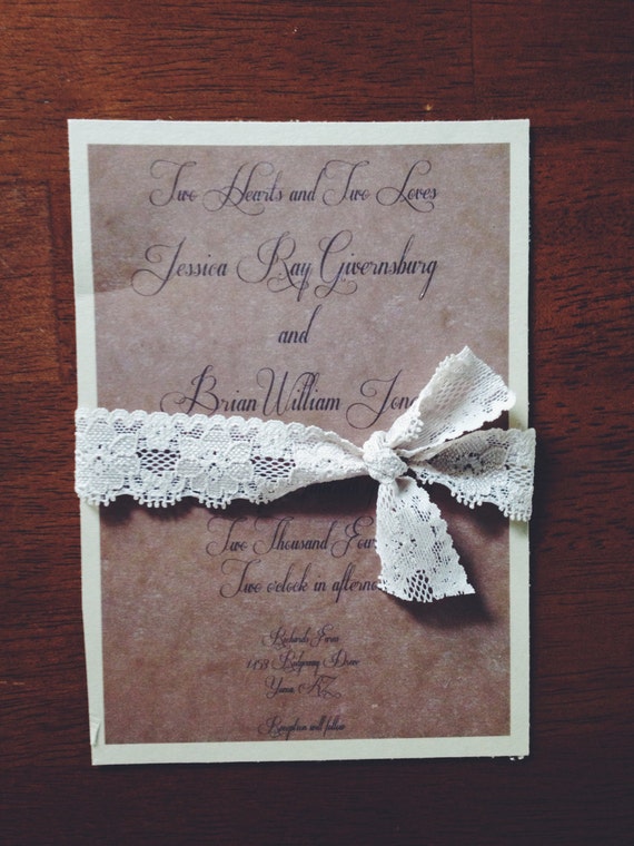 Whimsical Beige wedding invitation with beige lace 100