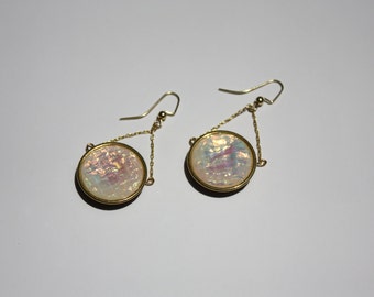 Items similar to Leather Earrings - Geometric Layers (Iridescent Pearl