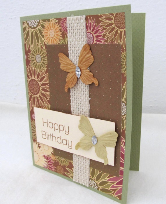 Birthday Card - Happy Birthday - Earth Tones - Butterfly Card - Rustic Chic Style - Hand Stamped Card - Blank Card - Brown Accents - Flowers