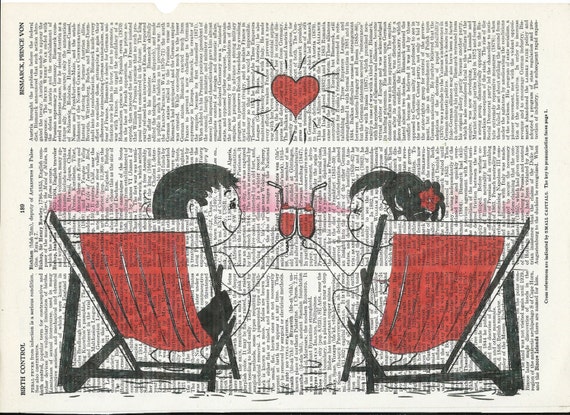 Illustration of Couple on the Beach Dictionary Art Print   on Upcycle Vintage Page Book Print Art  Collage Print