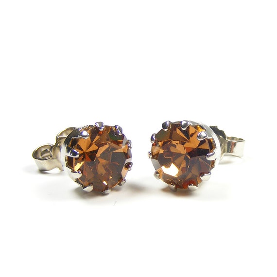 Smoky Topaz Crystal Stud Earrings Handmade Vintage Style