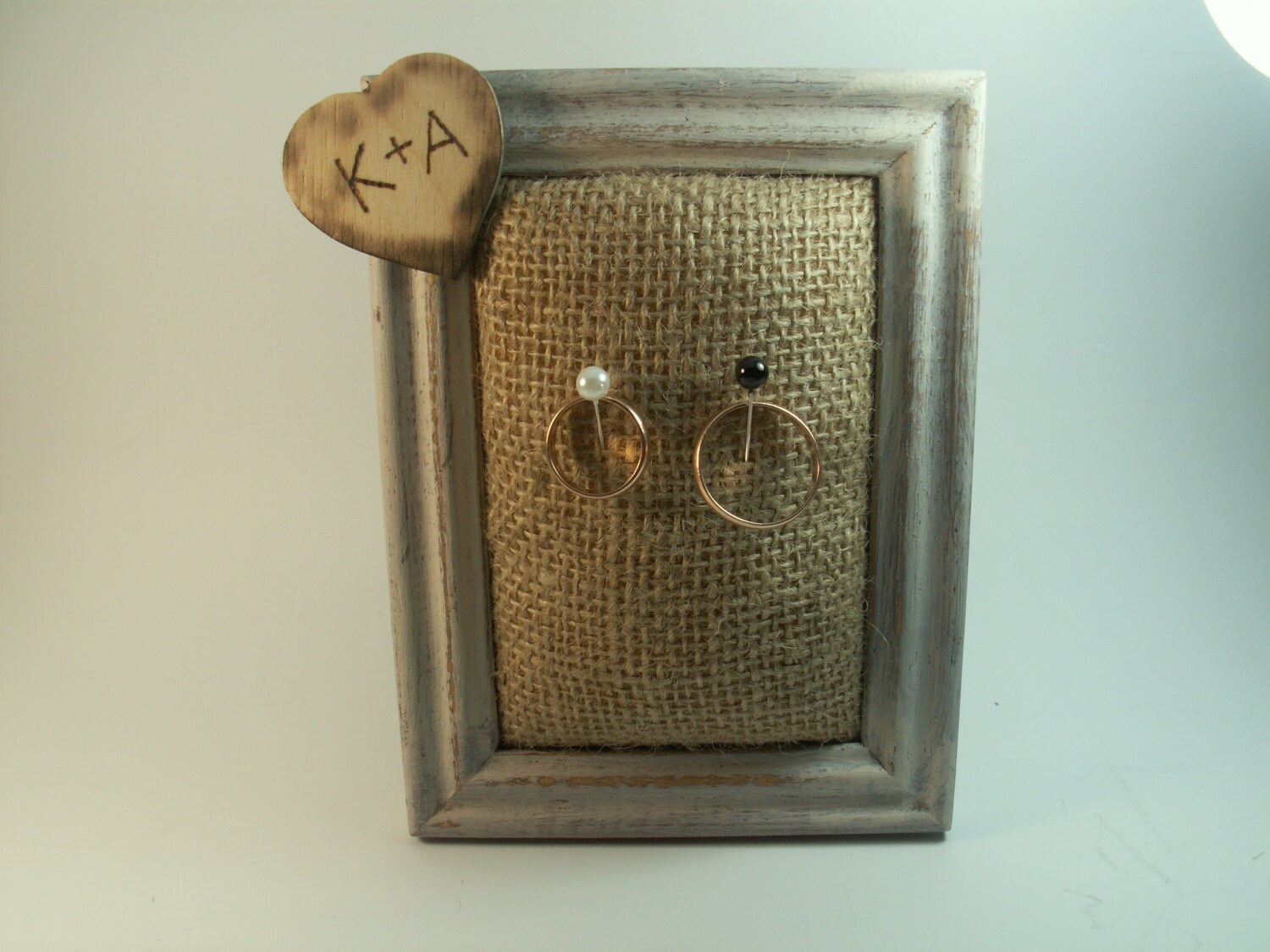 Wedding ring holder Rustic rectangle wooden hearts frame