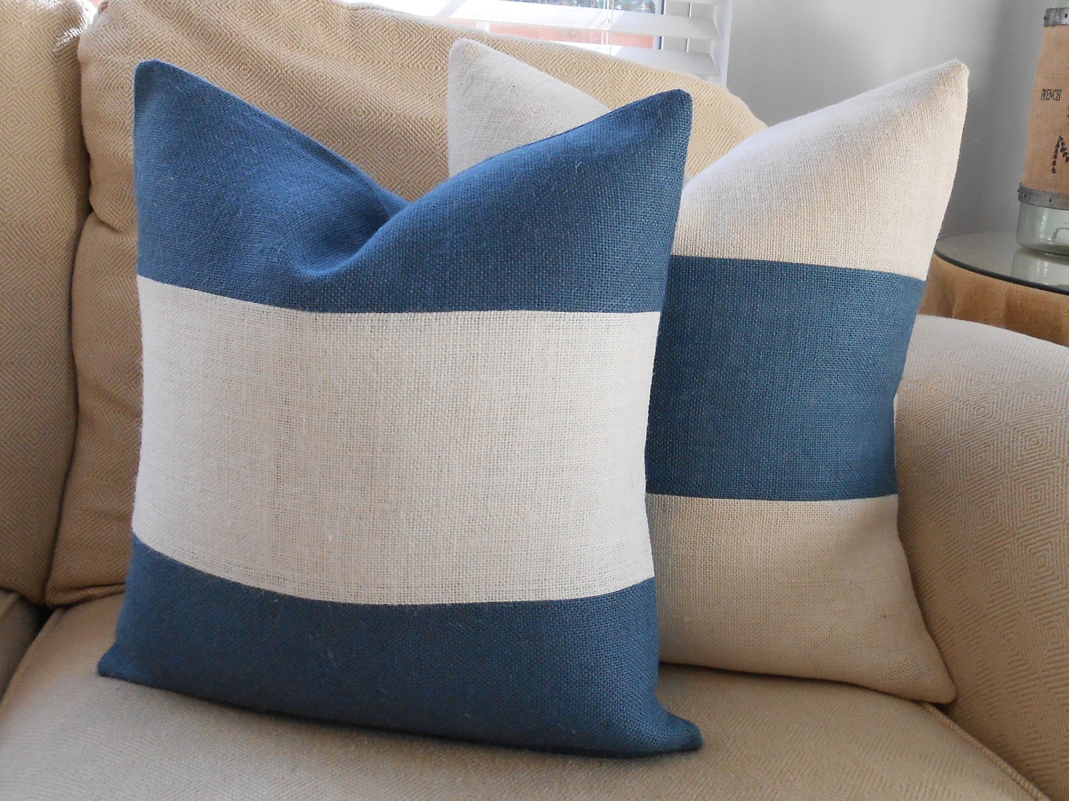 Burlap Pillow Cover two tone off white & blue by LowCountryHome