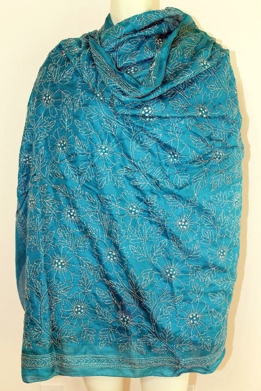 Blue Silk with White Floral Pattern Hand Embroidered by KanthaShop