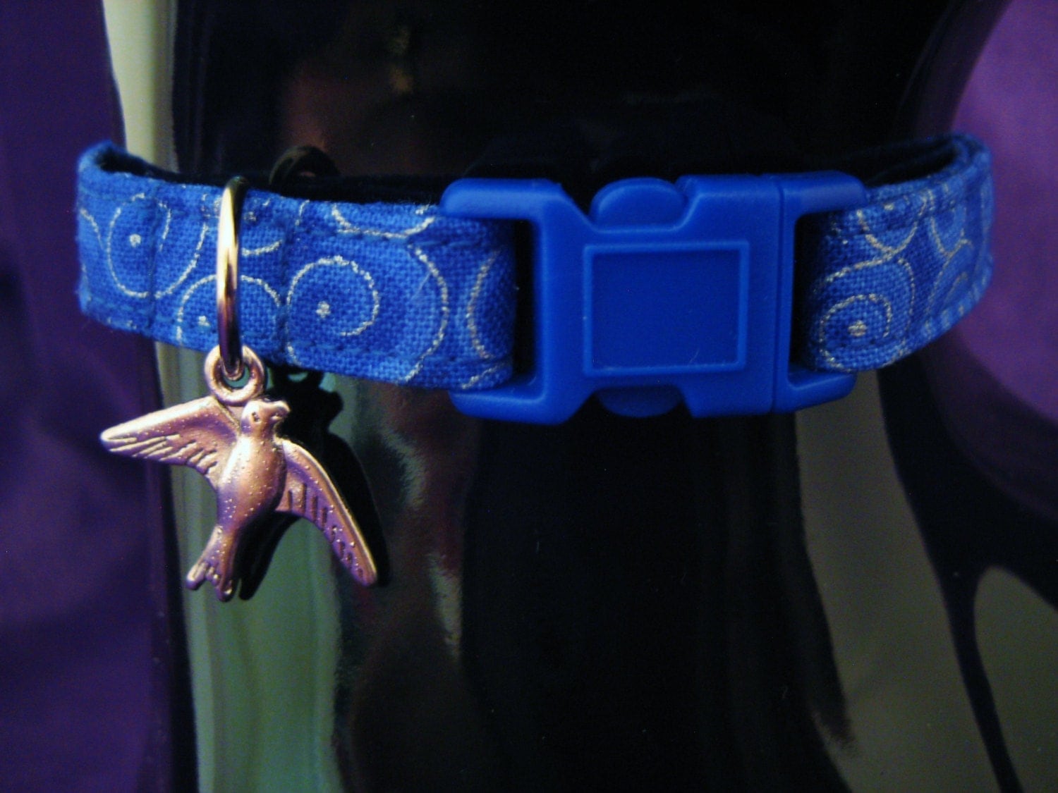 Cat Collar Bastet Egyptian Scroll Blue Silver Metallic