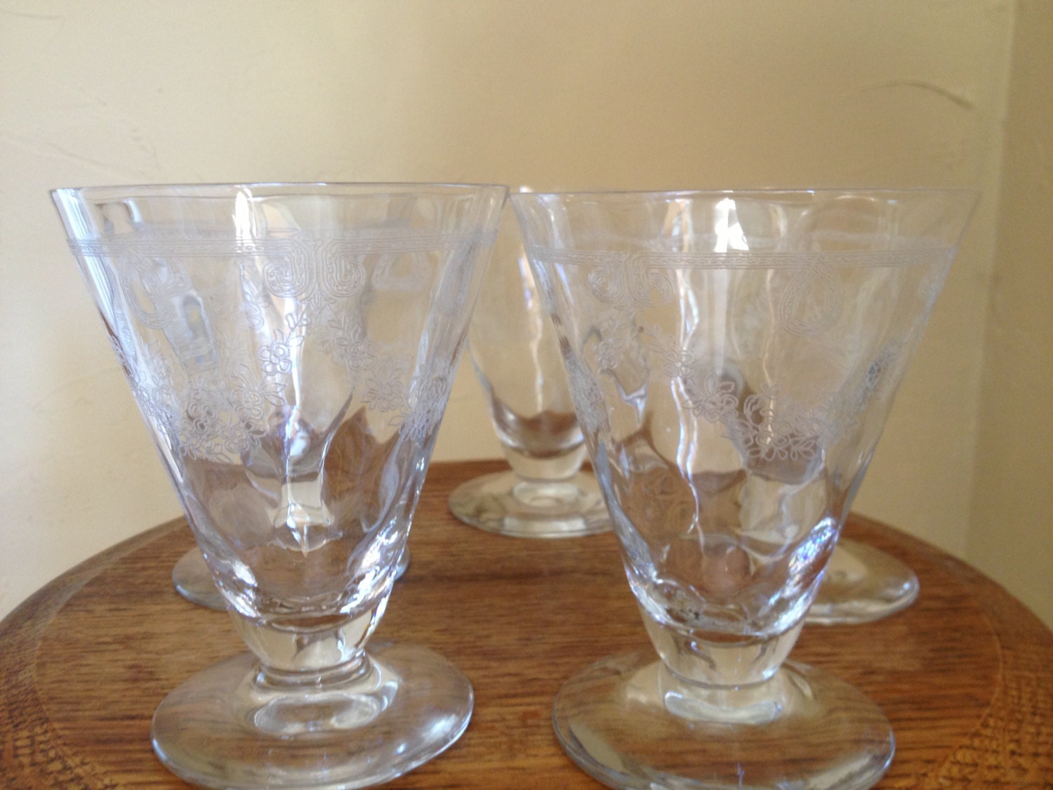 Vintage Pretty Set of 5 Etched parfait glasses by JoAnntiques