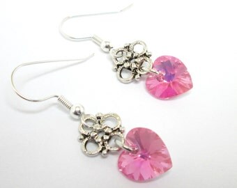 Pink heart earrings, swarovski heart, valentine earrings, pink and silver, rose heart, rose AB, heart earrings, heart jewelry, ER011