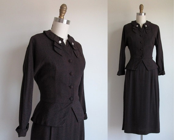 1950s Suit / Vintage 1950s Skirt Suit / Brown Linen 2 Piece
