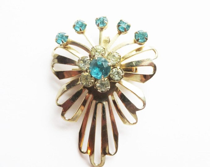 Vintage Rhinestone Pendant Brooch, Gold Tone Blue and White Rhinestone Flower Pin, Pendant