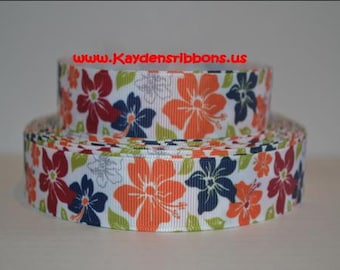 3 yards Tropical Luau Hawaiin Flowers - 1 inch - Printed Grosgrain Ribbon