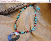 ON SALE Turquoise, Red Coral and Tigers Eye Jewelry Set, Handmade, Gemstone Necklace and Earrings, Native American Inspired, OOAK
