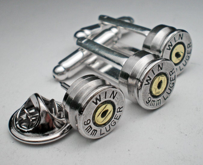 9mm Winchester PDX1 Nickel Bullet Head Groom Groomsman Wedding Cufflinks Tie Tac Lapel Set