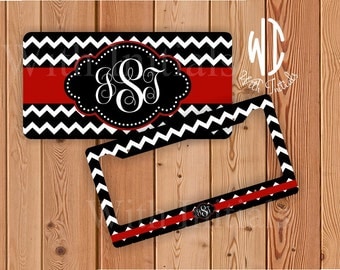 Black and White Chevron license plate or frame monogrammed - red monogram chevron car tag chevron bike accessory