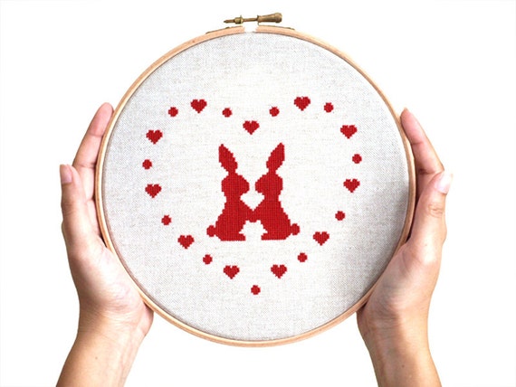 Valentine rabbit cross stitch pattern PDF DIY instant download