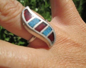 Turquoise, Coral and Sterling Inlay Ring Size 7.25