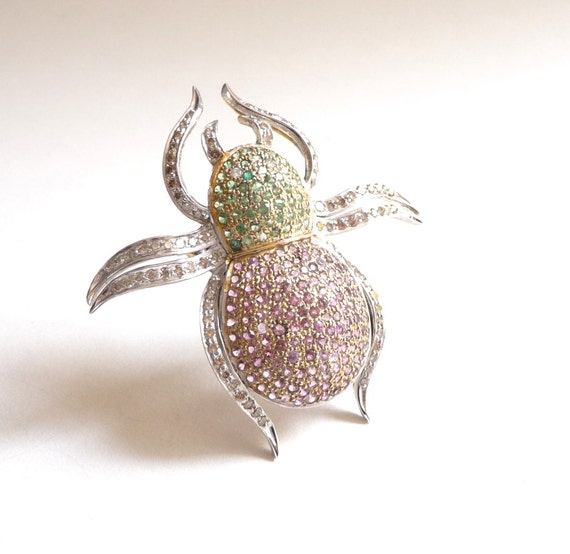 Bug Pin Pendant Brooch In 14k Gold With Diamond And Sapphires