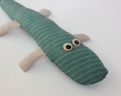 Handmade crocodile folk eco friendly ooak cloth toy rag linen wool toy sage olive green stripes stuffed animal small gift