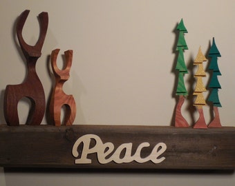 Reclaimed Weathered Wood Floating Shelf with Word - Peace