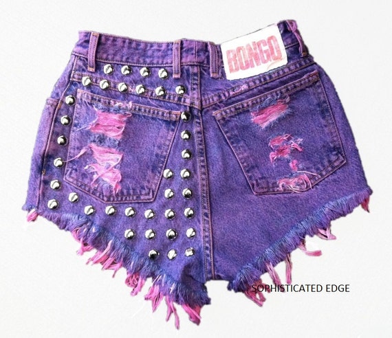 Purple Studded High Waist Denim Shorts/ Plus by SophisticatedEdge