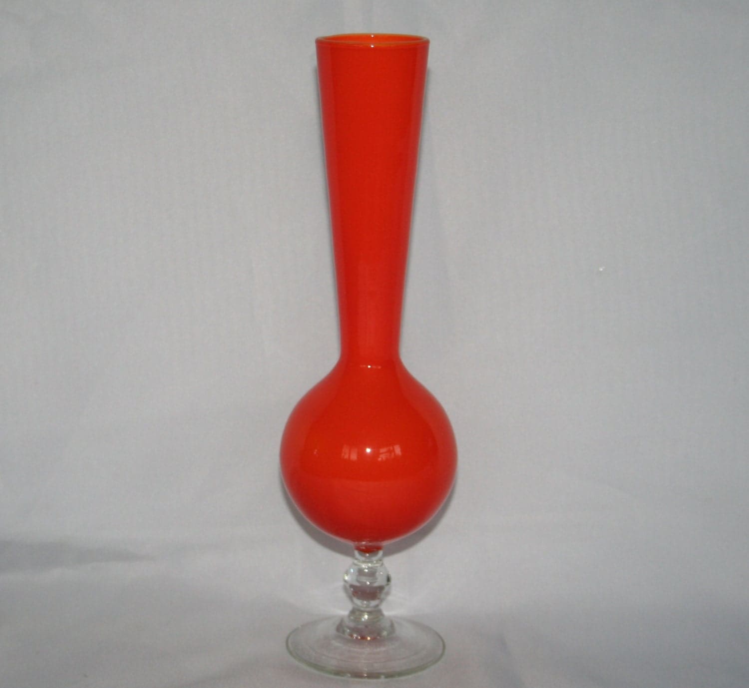 Stunning Vintage Bright Orange Glass Vase With Clear Glass