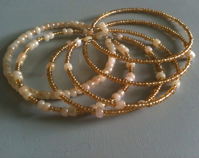 clearance! gold and cream glass stackable memory wire bracelets