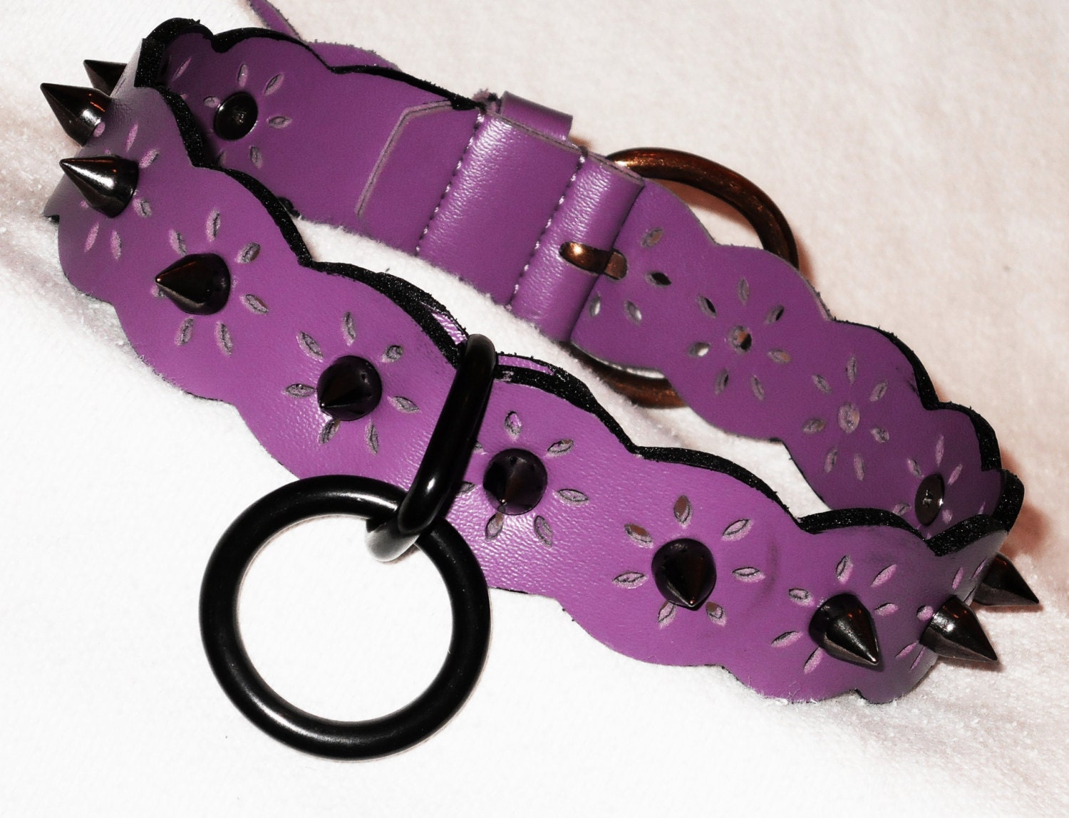 OoAK Flower Spiked Slave Collar in Purple Vegan Leather with