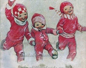Instant download of Vintage Print of children playing in the snow. Vintage Valentines, antique, cardmaking, print & frame, snow