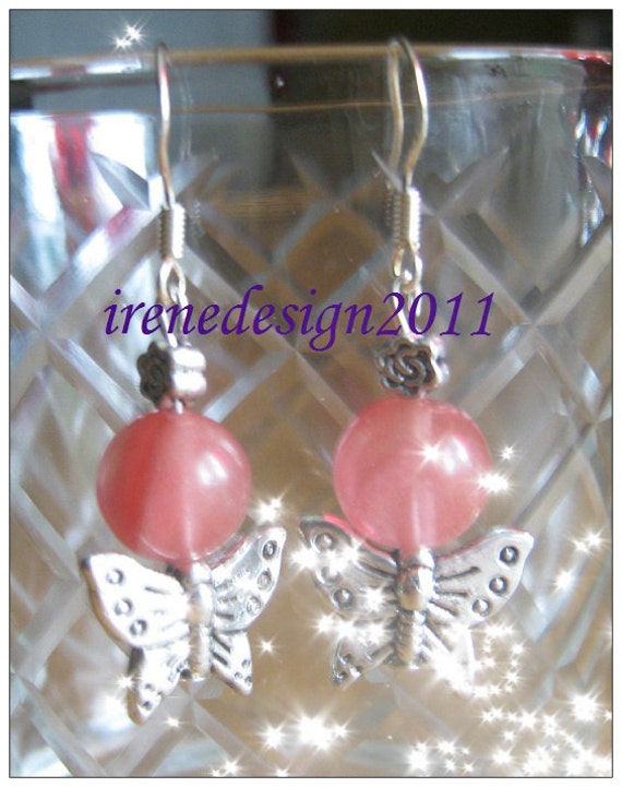 Handmade Silver hook Earrings with Strawberry Quartz & Butterflies by IreneDesign2011