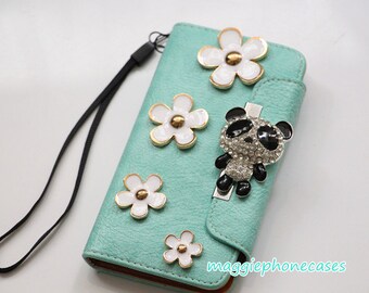 cute panda and flowers mint green iphone 5 wallet ,iphone 5s wallet ...