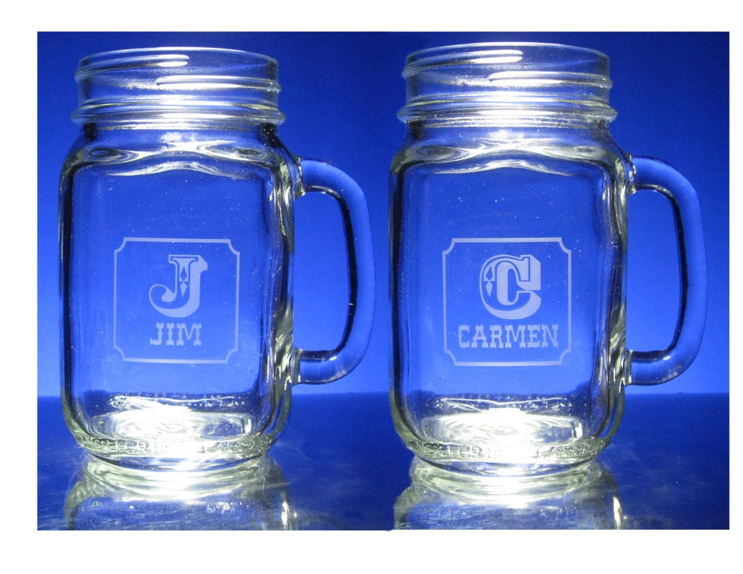 2 ENGRAVED MASON JARS - drinking jars with handle ...