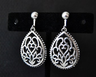 Clip Earrings, Filigree Earrings, Clip On Earrings, Silver Clip Style Earrings, Silver Drop Earrings
