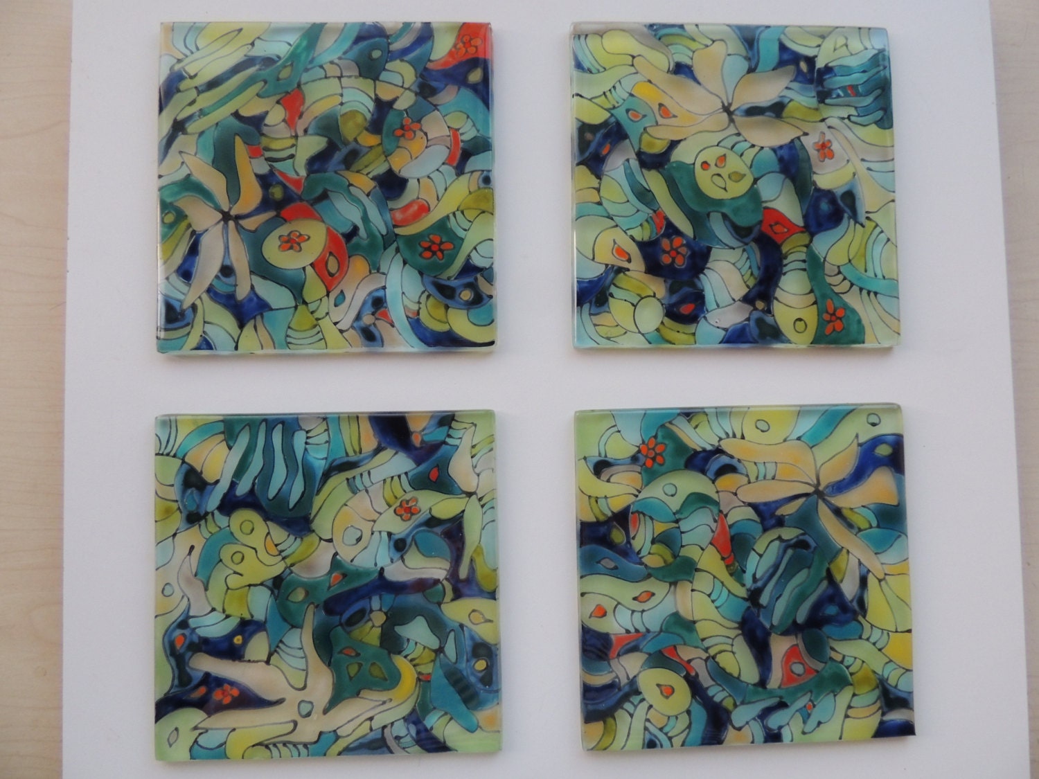 fused glass tileshand painted fused tilessquare blue green