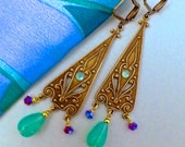 Chandelier earrings, teal green earrings, Art Deco earrings, drop earrings, dangle earrings, crystal earrings, bridal earrings