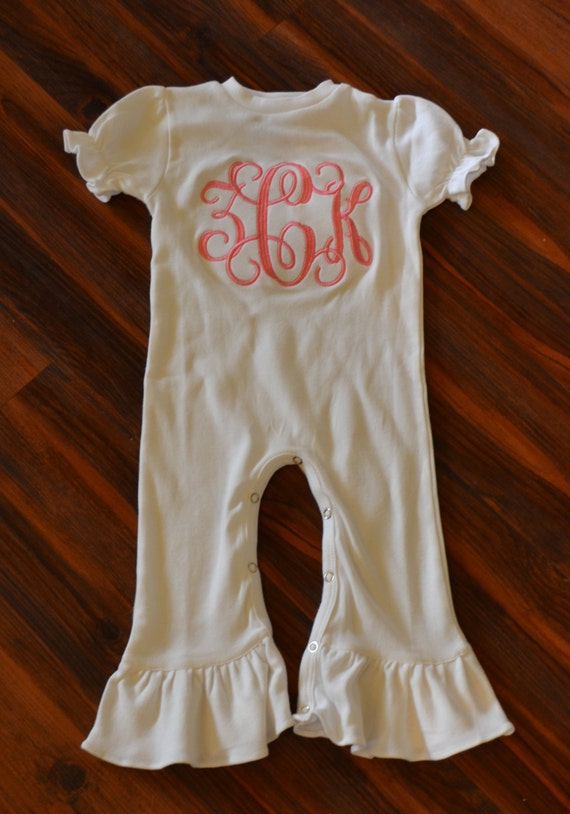 Items similar to Monogram Embroidered Knit Ruffle Romper on Etsy