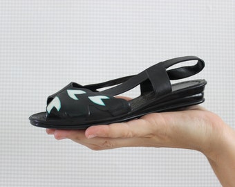 Vintage Black Jellies/ Plastic Peep Toe Children Jelly Shoes/ 80s Girl Beach Sandals Size 11-12