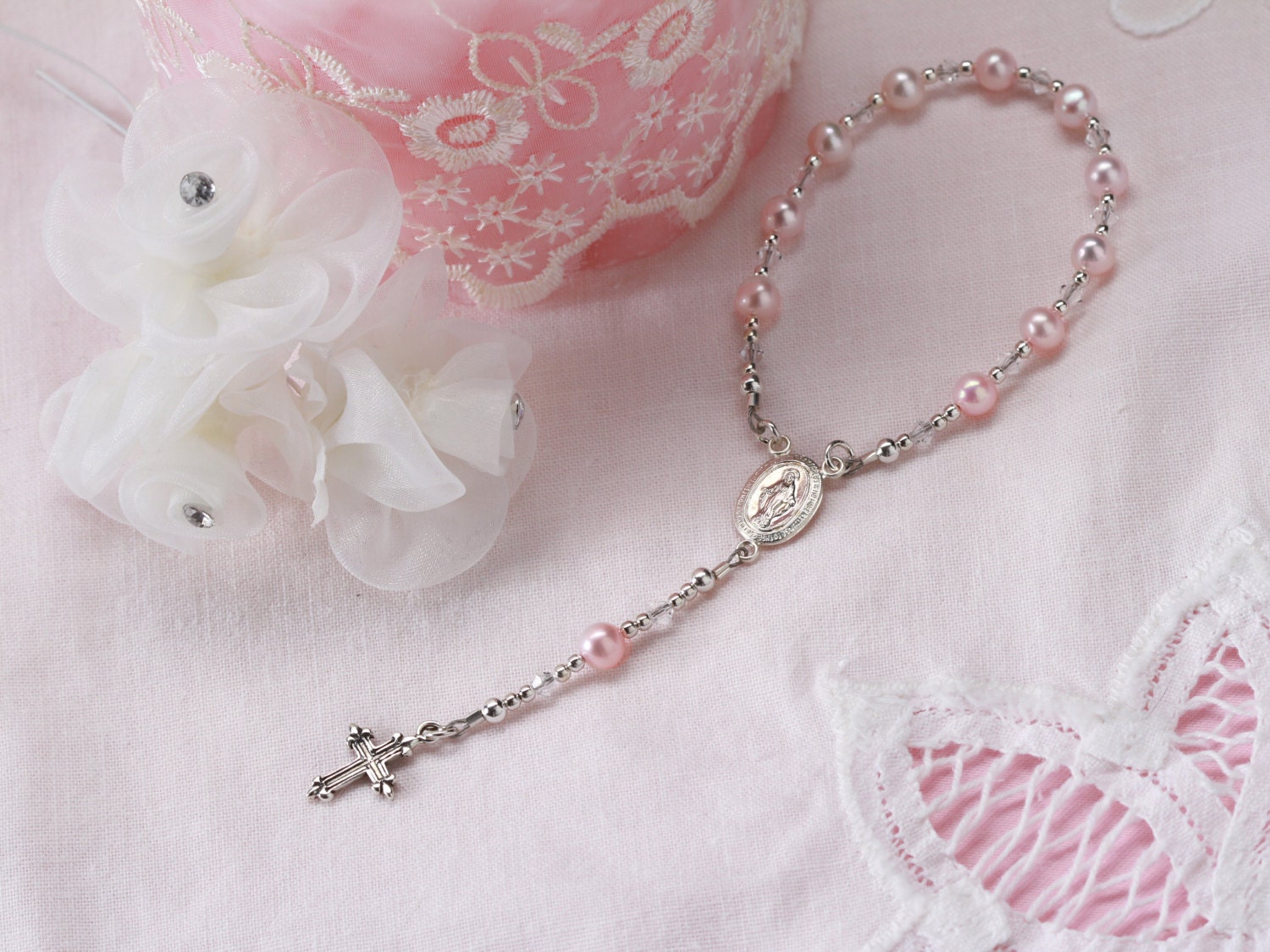 Sterling Silver Baby Rosary in Pink for Baptism Gift for Baby