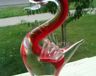 Hand Blown Art Glass Swan Figurine Sculpture Paperweight Cased Glass Bird Clear & Red Case Sommerso