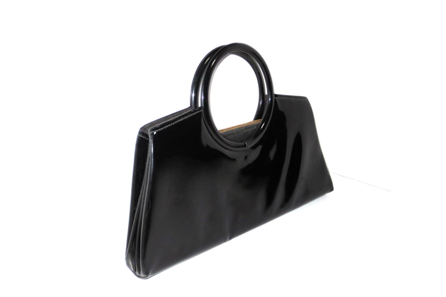 Black Patent Leather Purse Clutch with Round Handles and